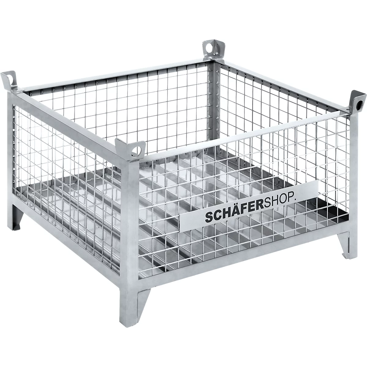 Panier en métal avec parois et fond grillagés, logo de l'entreprise, forme carrée, pieds.